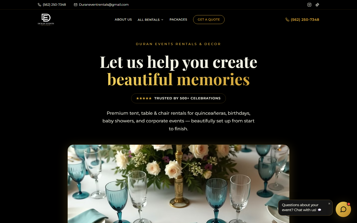 Duran Event Rentals — event rentals website built by Blackline Systems