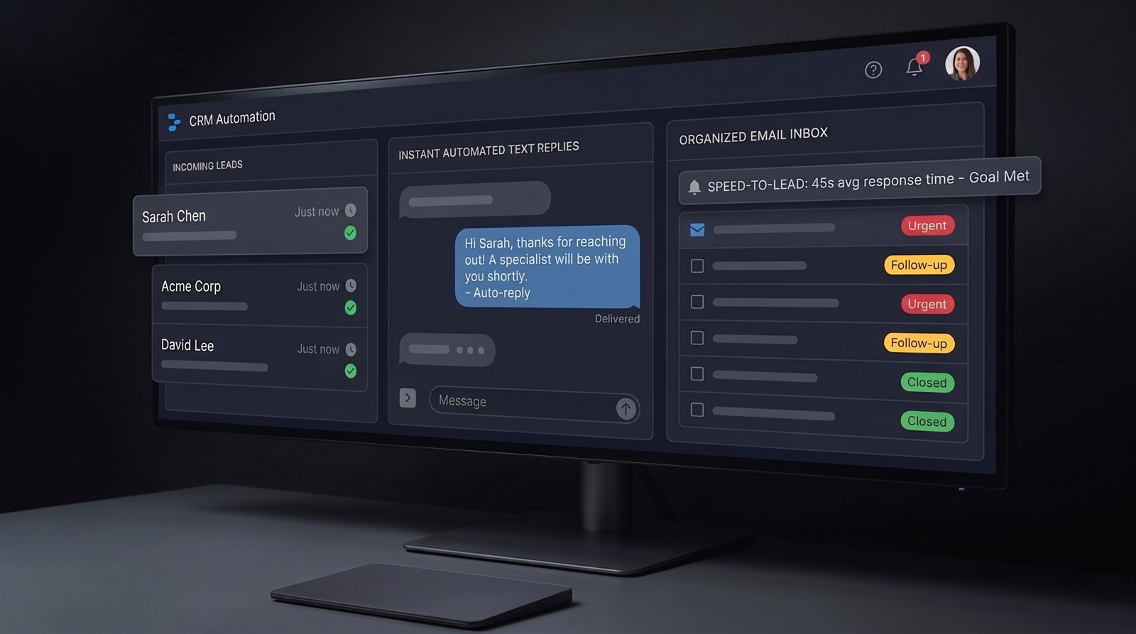 An automation dashboard organizing incoming leads, text replies and email