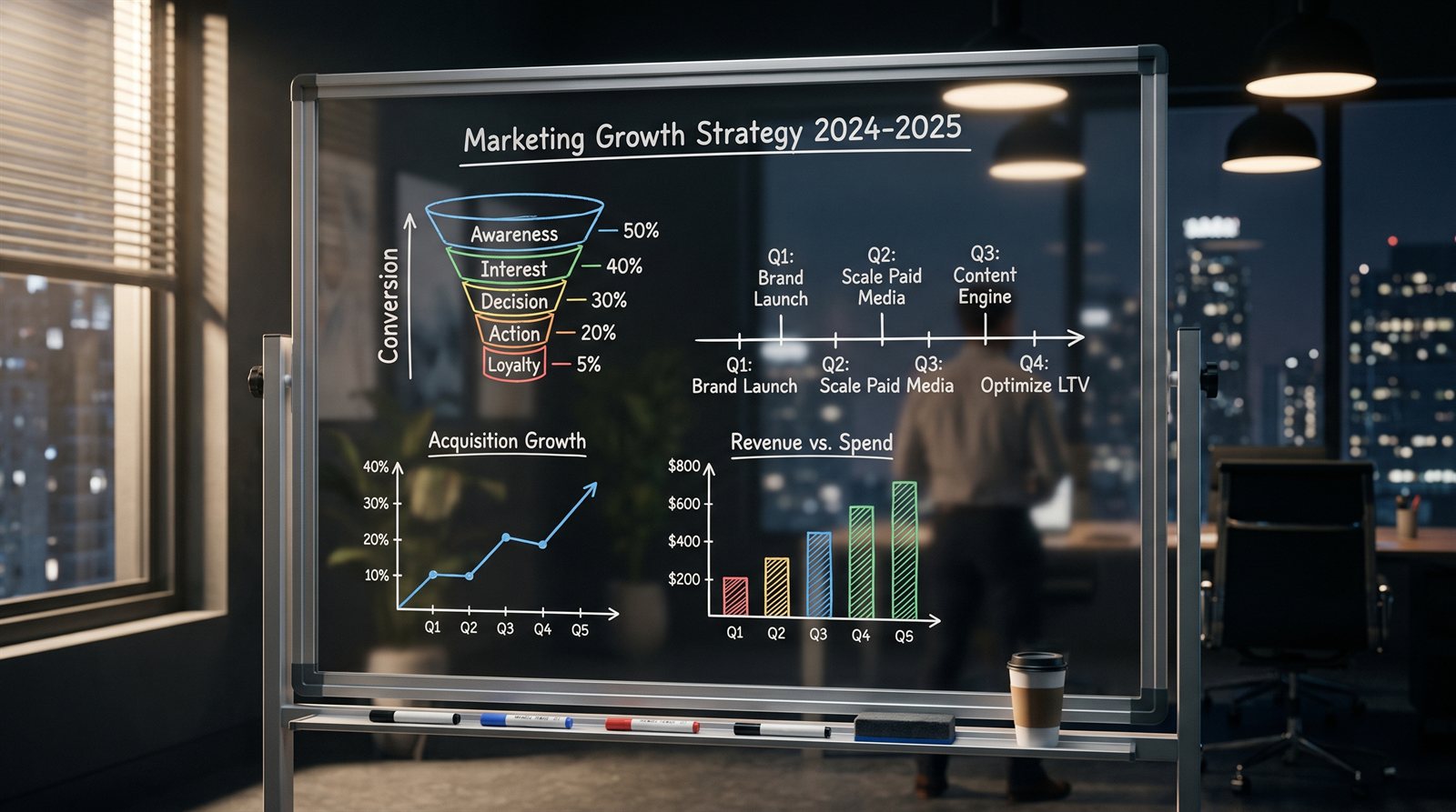 A marketing growth strategy roadmap on a whiteboard