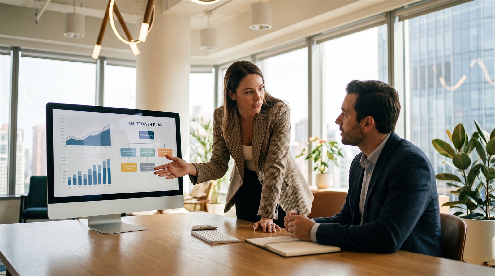 A marketing strategist consulting a business owner about a growth plan