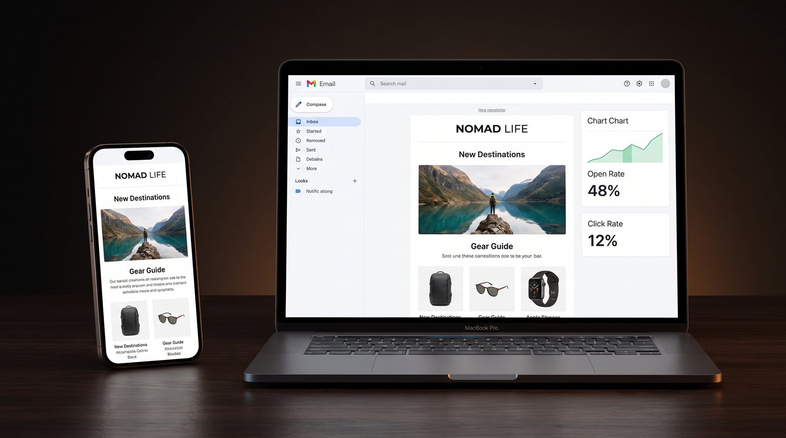 A designed email newsletter shown on a laptop and phone with open-rate graphs