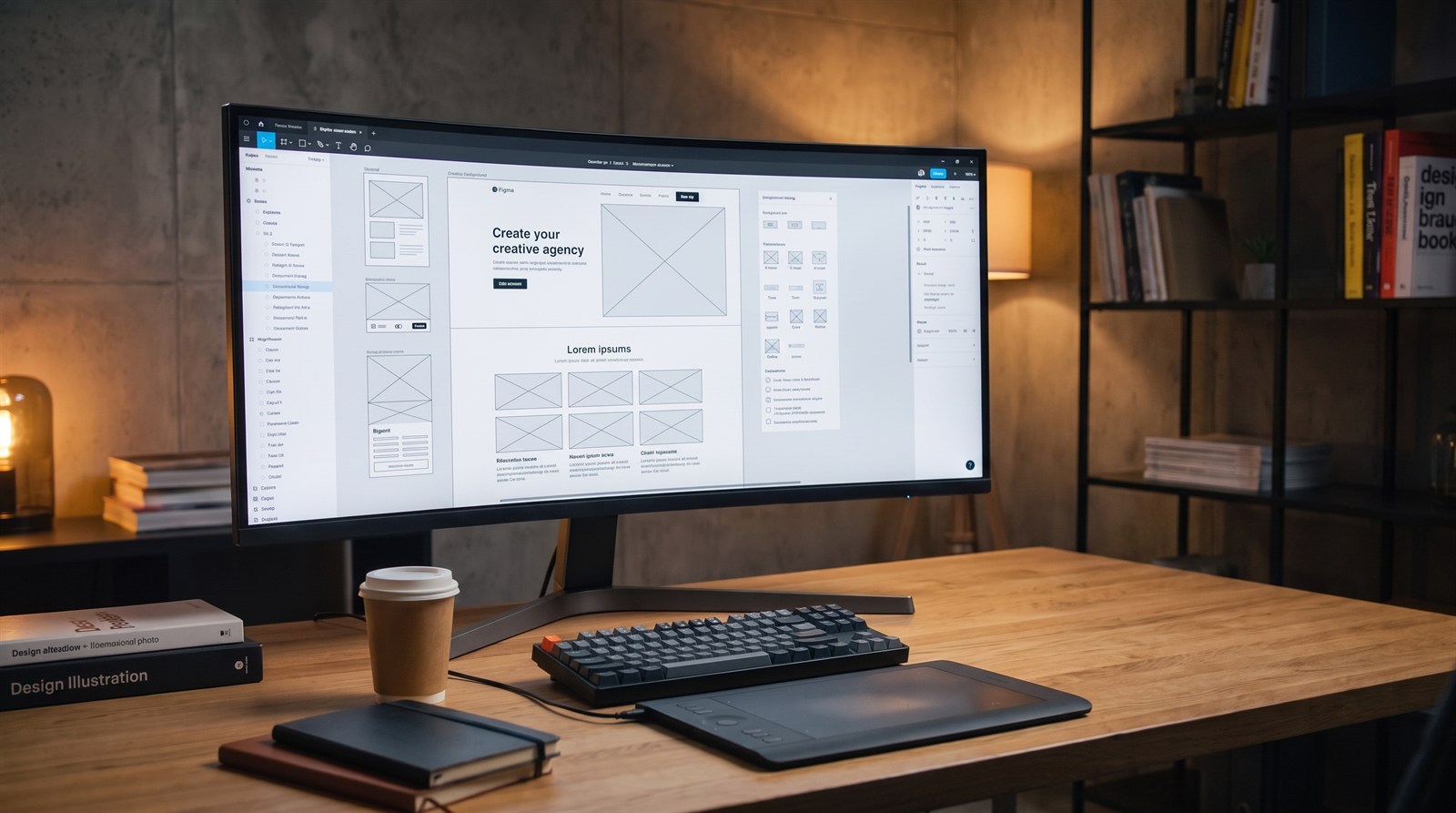 A web designer building a website layout on a large monitor