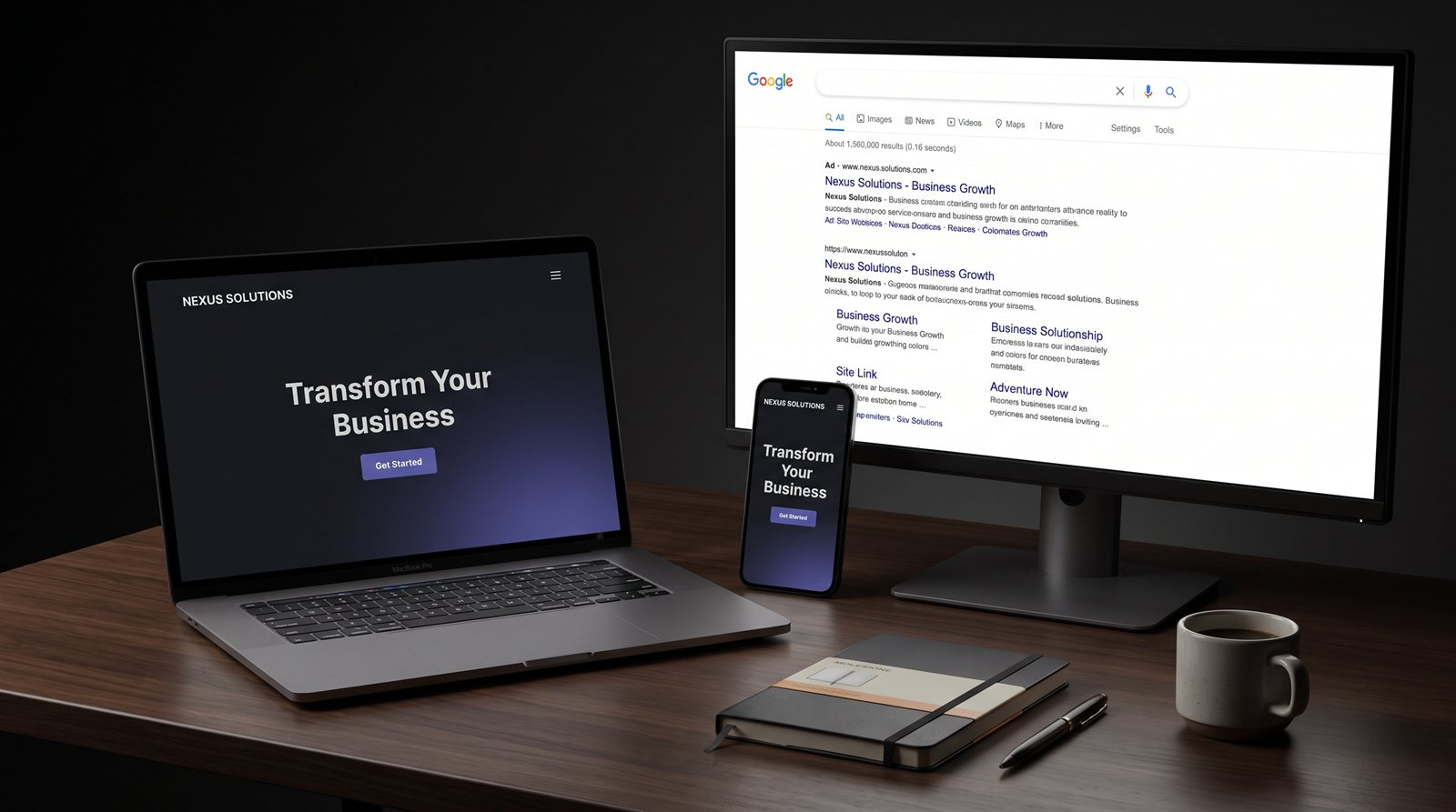 A modern business website shown on a laptop and phone next to top Google search rankings